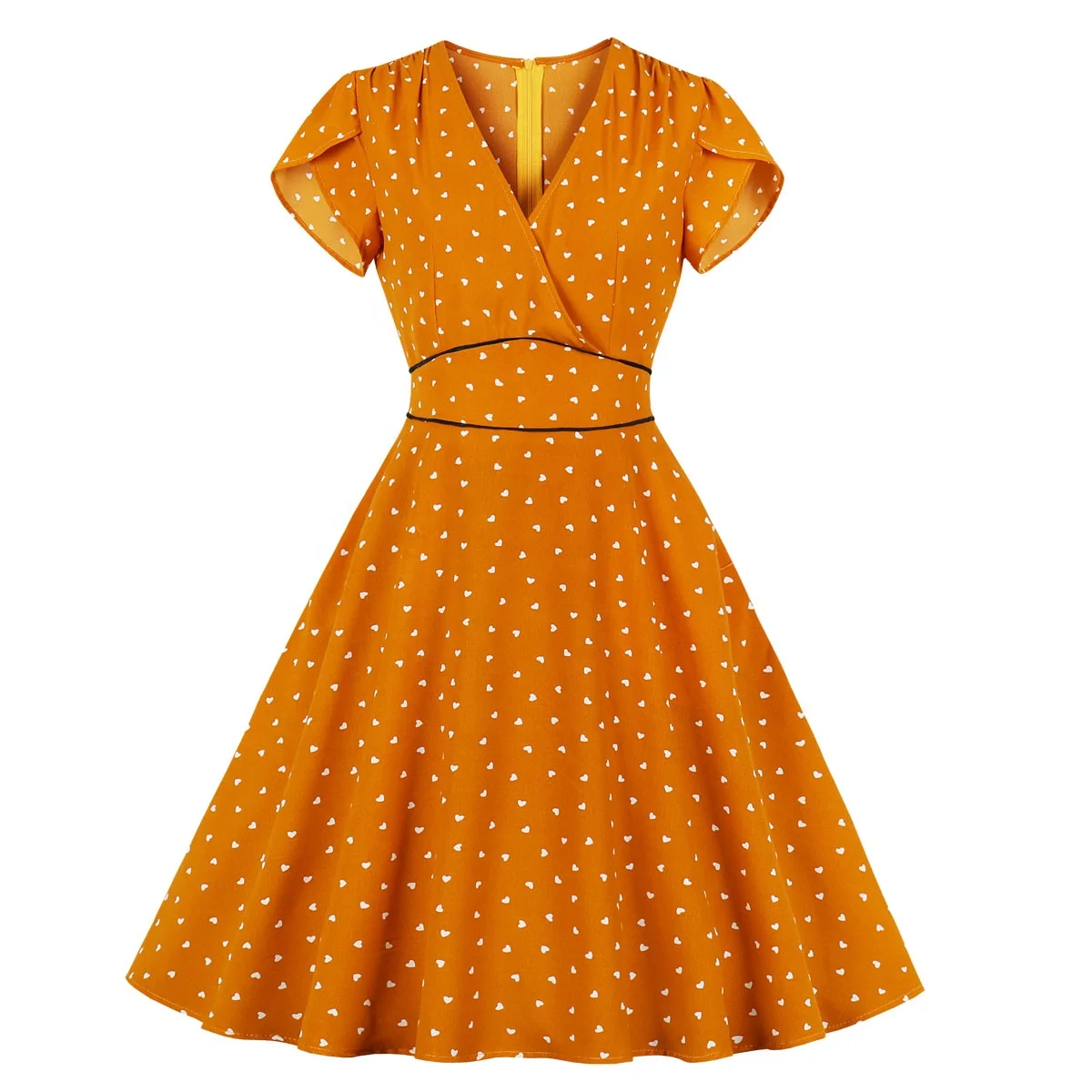 Wholesale Women V Neck Wrap Dress Summer Ruched Short Sleeves Casual Dresses Hearts Print Elegant 1950s Vintage Retro Dress 1891
