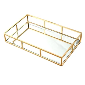 Image of Gold Metal Decorative Tray Tray Jewelry Perfume Organizer Organizer Makeup Tray for Vanity, Dresser, Bathroom, Bedroom