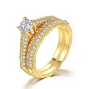 Wholesale 2 in 1 women engagement jewelry 18k yellow gold plated round cut cz diamond engagement wedding rings sets DZR001