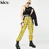 2018 new yellow plaid overalls pants women fashion street high waist zipper fly adjustable strap female workout trousers