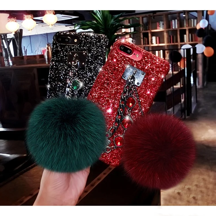 

Glitter Phone Case Chain Bracelet Fur Ball Case For iphone 7plus