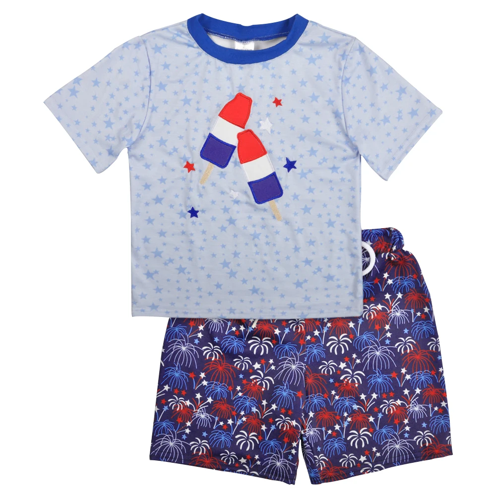 

New Arrival Clothing Summer Set Boy Ice Pattern Ruffle Short Set Wholesale Boutique Children Outfit 4th of July, As the pic show