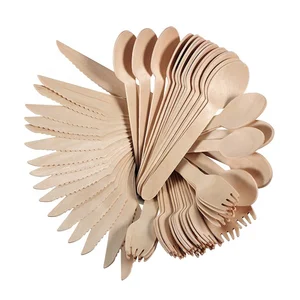 Image of Classical Hot Sell Handmade 14cm Disposable Natural Birch Wood Knife Fork Spoon Flatware Set