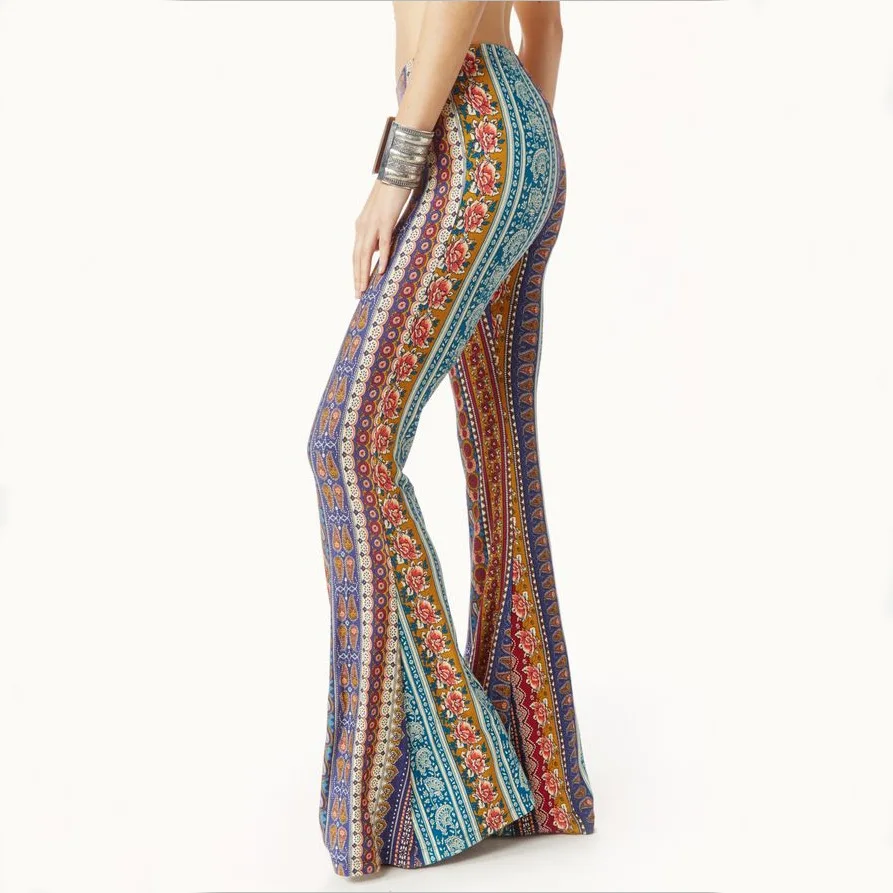 MY-112 2019 New fashion beautiful bohemia floral strip print women wide bottom pants wholesale boutique ladies flared trousers