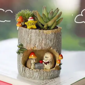 Image of Modern Wooden Resin Bonsai Succulents Pot Retro Permeable Plant Flower Pots Living Room Office Garden Home Decor