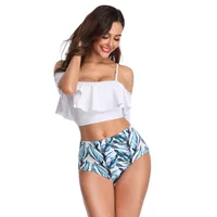 

Amazon Women Two Piece Off Shoulder Ruffled Flounce Crop Bikini Top with Print Bottoms Swimsuit Women