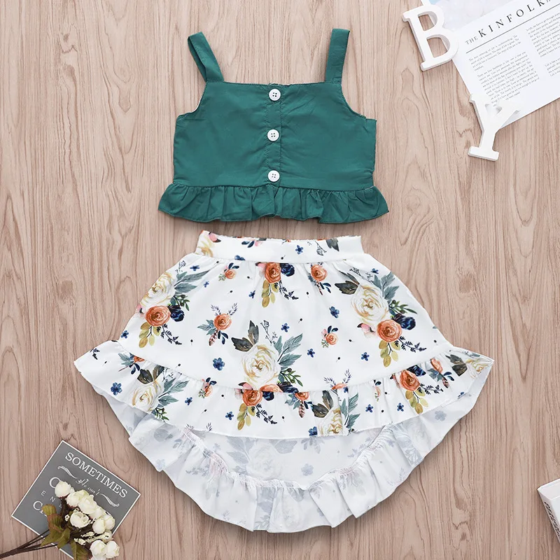 

Summer Toddler Kids Baby Girl Sleeveless Tank Suspender Tops Floral Skirt 2PCS Outfits Girls Princess Clothes Set, As picture