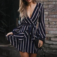 

Dress Women Fashion Lantern Sleeve Casual Striped V-Neck Dress Casual Ruffle Mini Party Dress women