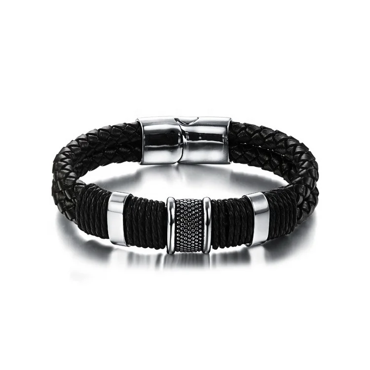 

Small Wholesale Mens 316L Stainless Steel Genuine Leather Bracelets, Black