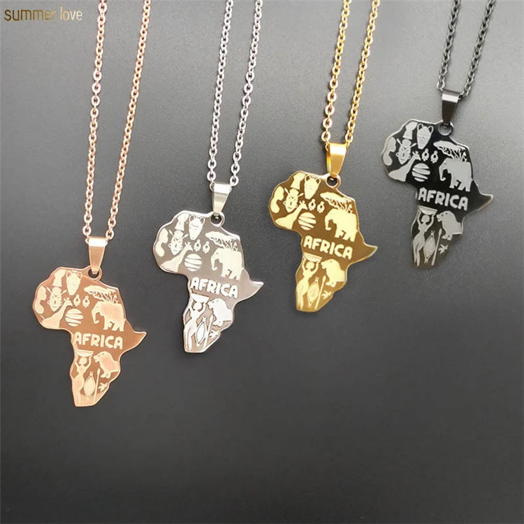 

4 Color Fashion Wholesale Gold African Maps Hiphop Charm Supplies Stainless Steel Pendant Necklace Jewelry for Women Girls, Silver plated 18k gold plated bronze color