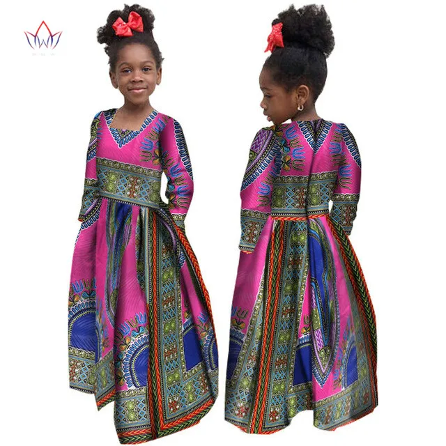 

African Autumn Girl Dress Kids Dashiki Traditional Cotton Long Sleeve Dresses holiday gift for Girl Natural Dress