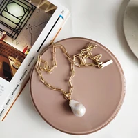 

925 Sterling Silver European Necklace Women New Design Concise Baroque Pearl Pendant Gold Link Chain Necklaces Fine Jewelry