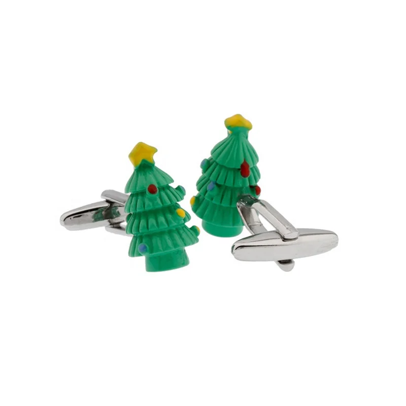 

Cheap Holiday Gift Green Enamel Christmas Tree Silver Cufflinks