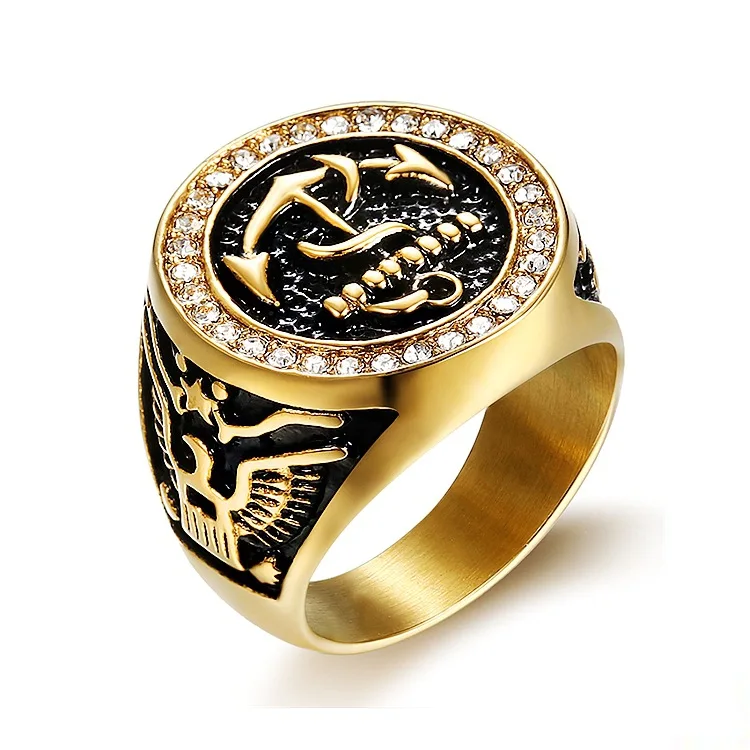 

Heavy Gold Plating Men's Anchor US Army Ring With Stone, Gold + black