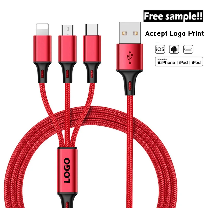 OEM Nylon Braided 1.2M Multi Usb Charger fast Charging 3 in 1 Usb Charging Cable