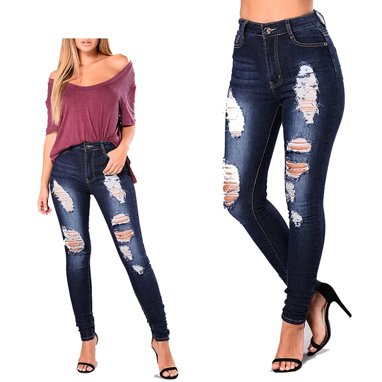 

Wholesale fashionable dark blue sexy ripped jeans for women