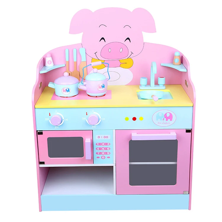 

Multi-Function Pink Pig Pretend Solid Wood Preschool Kids Wooden Kitchen Play Set