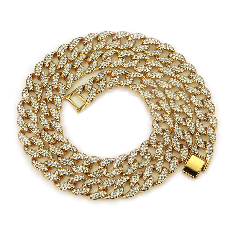 Rock Rap Hiphop Luxury Iced Out Full Crystal Cuban Link  Chain  Bracelet Necklace  Silver Gold Men Diamond Cuban Link  Chain