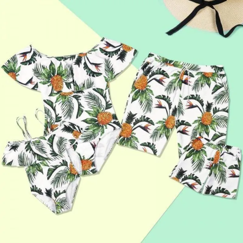 

Wholesale Family Matching Swimwear pineapple Leaf Print Mommy and me swimsuit trunks for kids men Matching Swimsuit, Picture