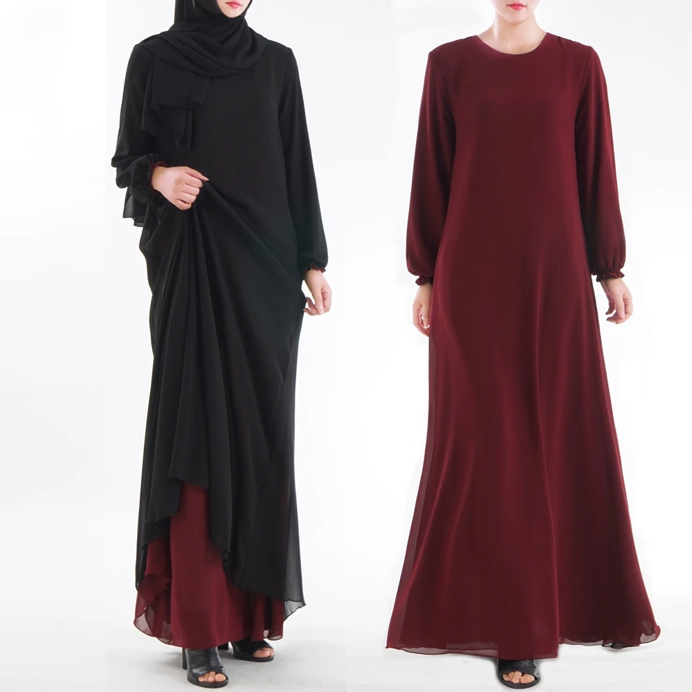 

2019 Abaya fashion girl long sleeve maxi dress inside and outside wear muslim dress side pocket abaya