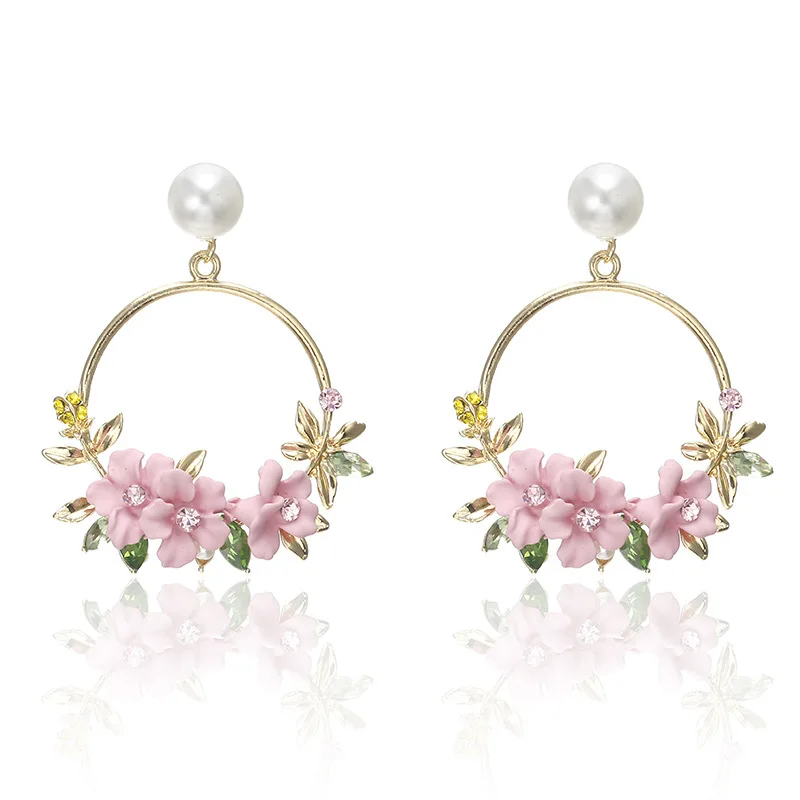 

New Fashion Women Multicolor Big Hoop Gold Plated Cheap Pearl Resin Flower Earring