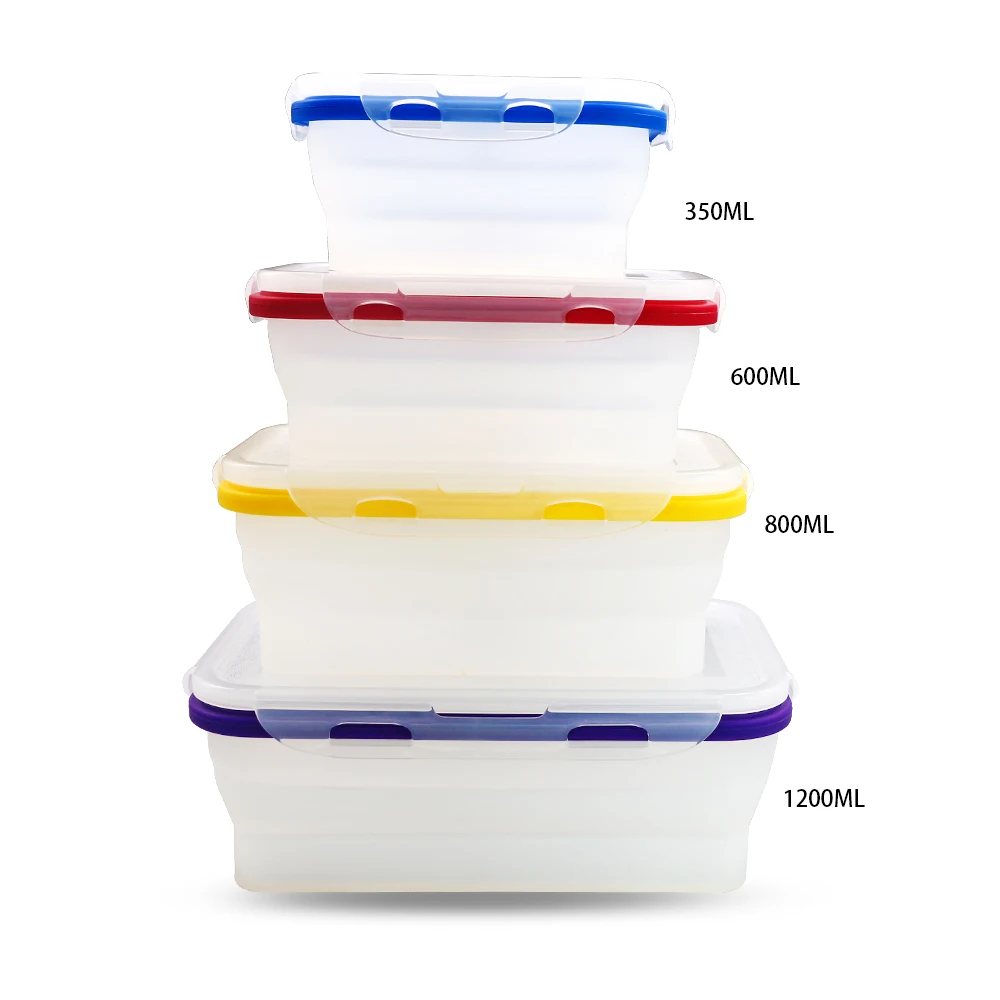 
BPA Free Food Grade Leakproof Silicone Collapsible 3 Compartment Bento Lunch Box Folding Silicone Food Container 