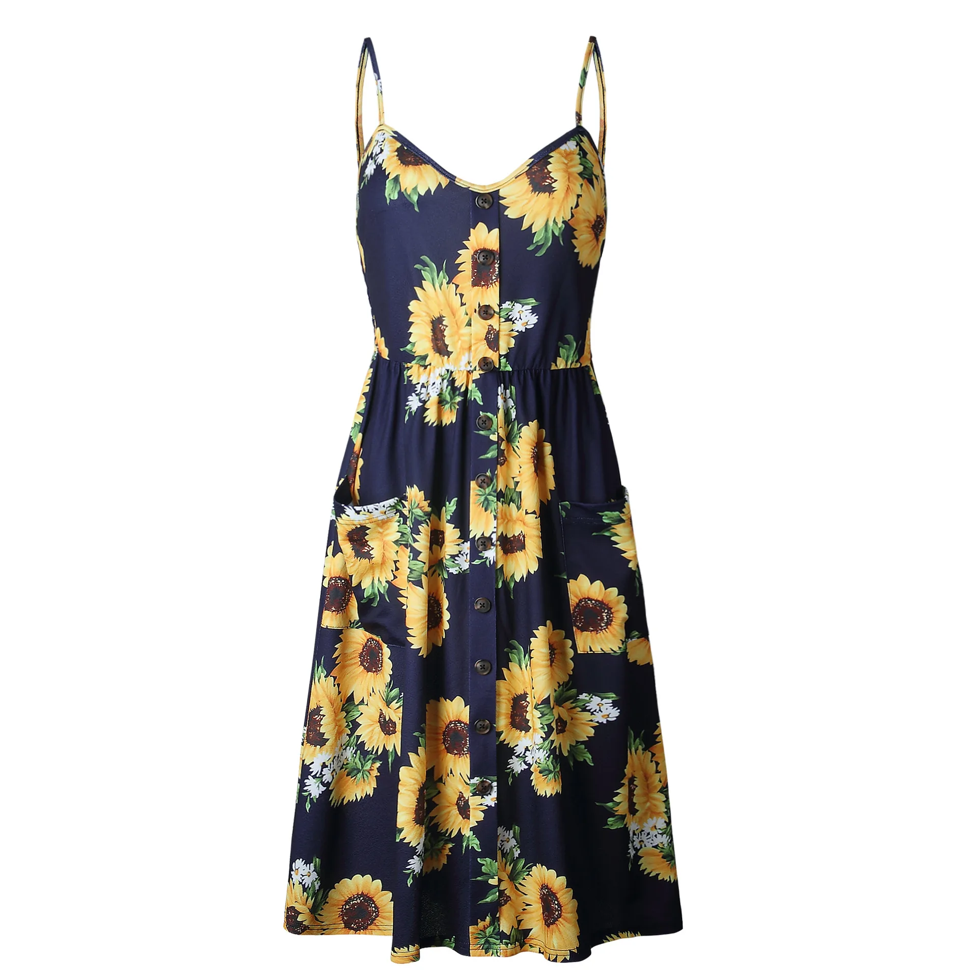 Wholesale summer fancy adult dress polyester fabric sunflower stripe suspender smocked maxi casual women dress