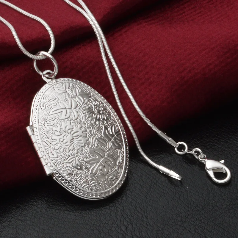 

New Silver plated Photo Locket Pendant Exquisite pattern Box Necklace For Women