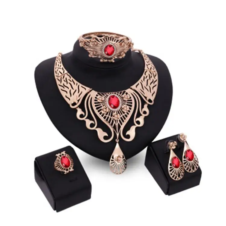 

Luxury Indian Wedding Bridal Jewelry Sets Multiple Colour Rhinestone Women Four-Piece Necklace Earrings Ring