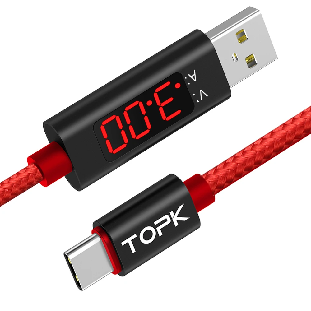 Free Shipping TOPK AC27 1M(3.3ft) Nylon Braided Current Display USB Type C Cable