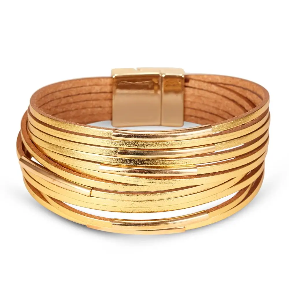 Boho Fashion Multilayer Gold Silver Leather Wrap Magnetic Clasp Bracelet Jewelry for Women