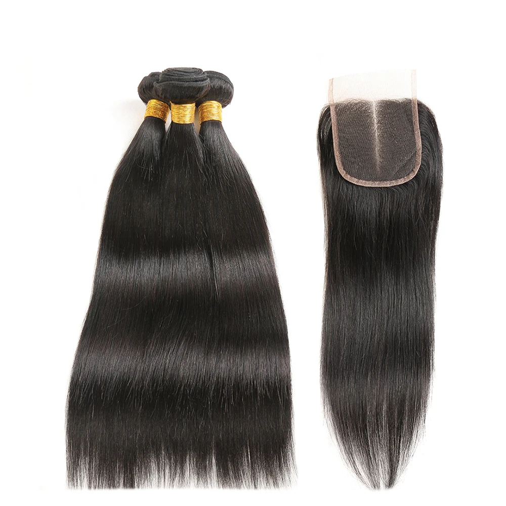 

RUIMEI Brazilian Straight Hair 8A Grade 100 Human Hair Bundle With Closure Raw Cuticle Align Virgin Hair Extension