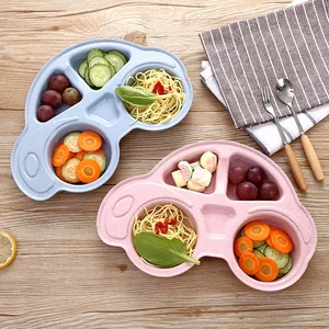 Image of Environmentally friendly wheat straw cute cartoon car shape Children's plastic tableware plate