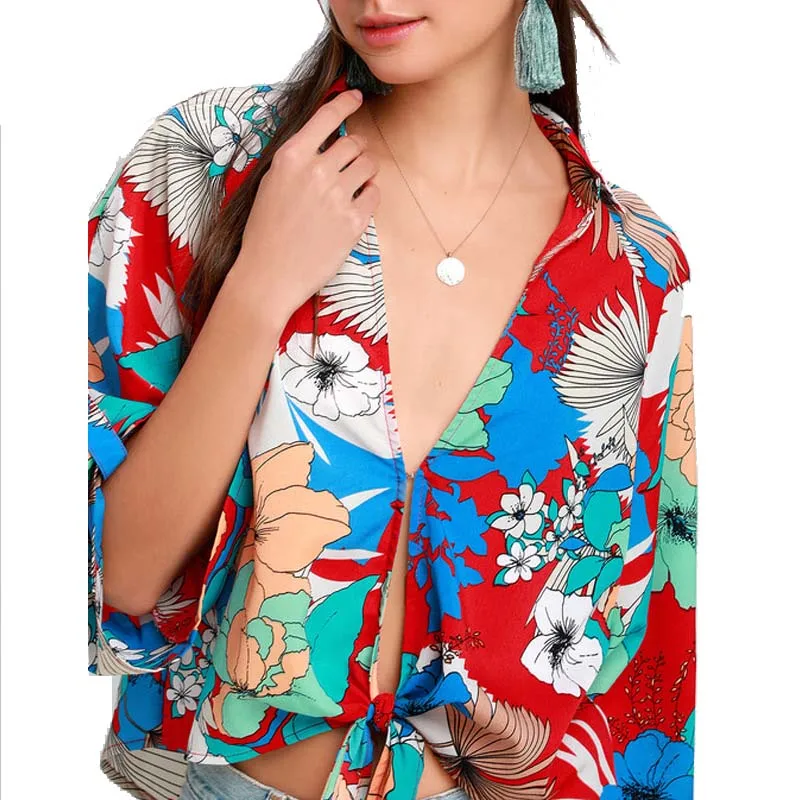 

New Sexy Japanese Style floral print Knot tie Chiffon Blouse