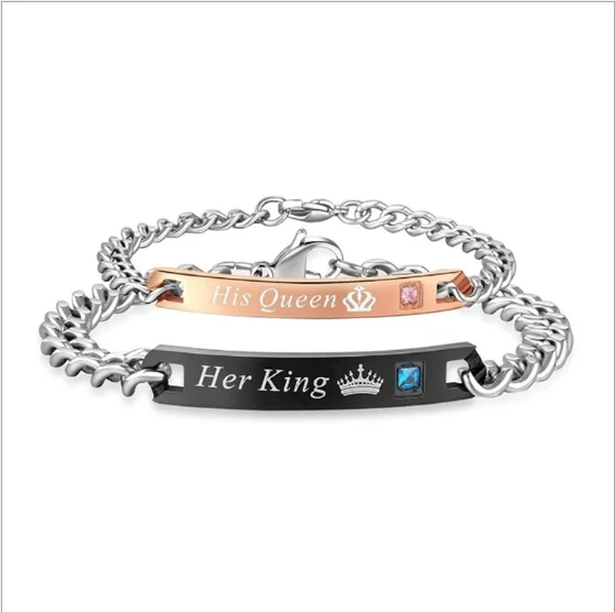 

European and American personality accessories romantic couple bracelet king queen letter crown pattern chain jewelry, Black,rose gold