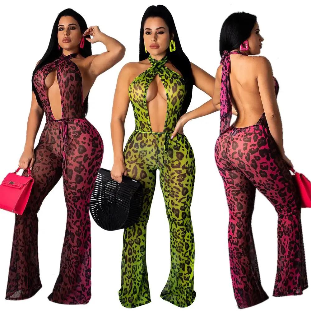 

chiffon leopard printed wide leg halter backless jumpsuits for women clubwear