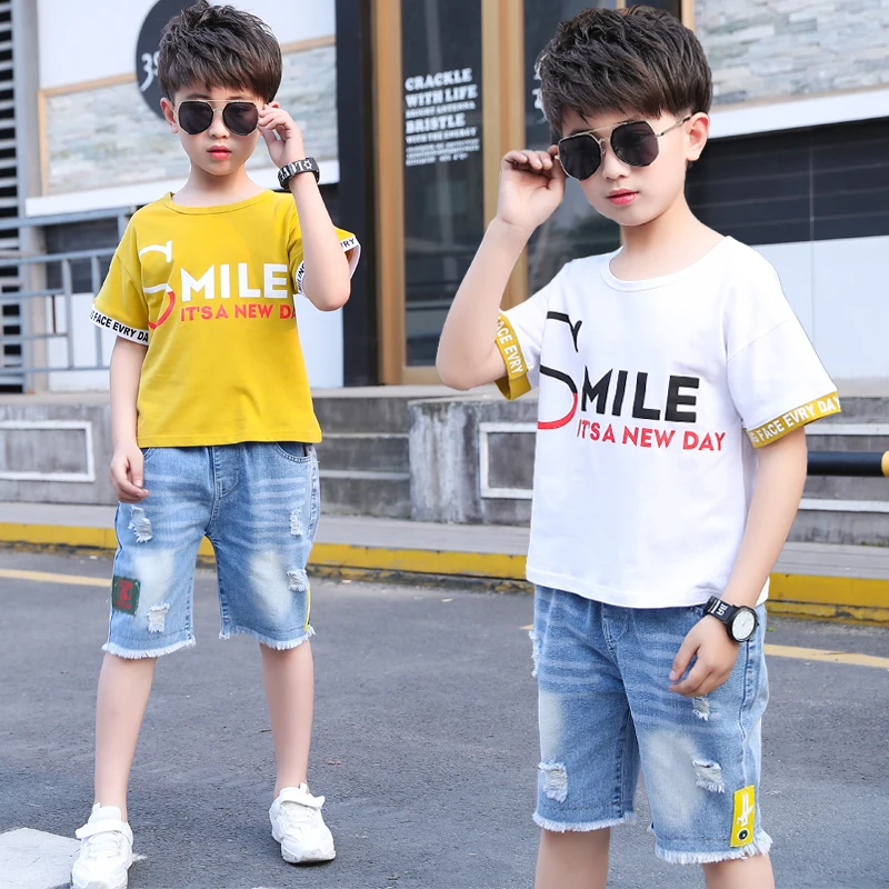 

Kids Boys Summer Suits Two Piece Set Yellow T-Shirt Jeans Alphabet Short Sleeves Fashion Clothing For Children Kids