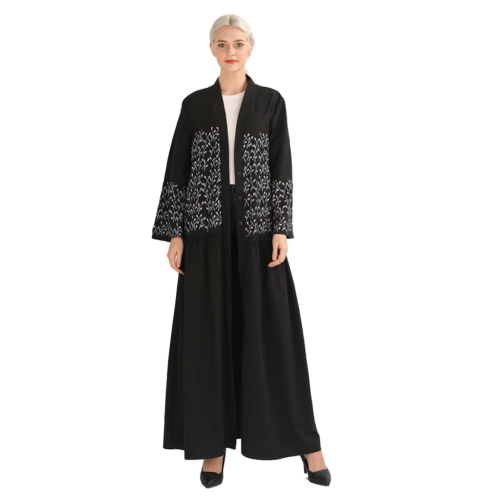 

Elegant muslim women dress flower printing kimono fashion style soft crepe black open abaya