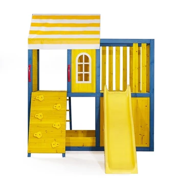 outdoor wooden playhouse with slide