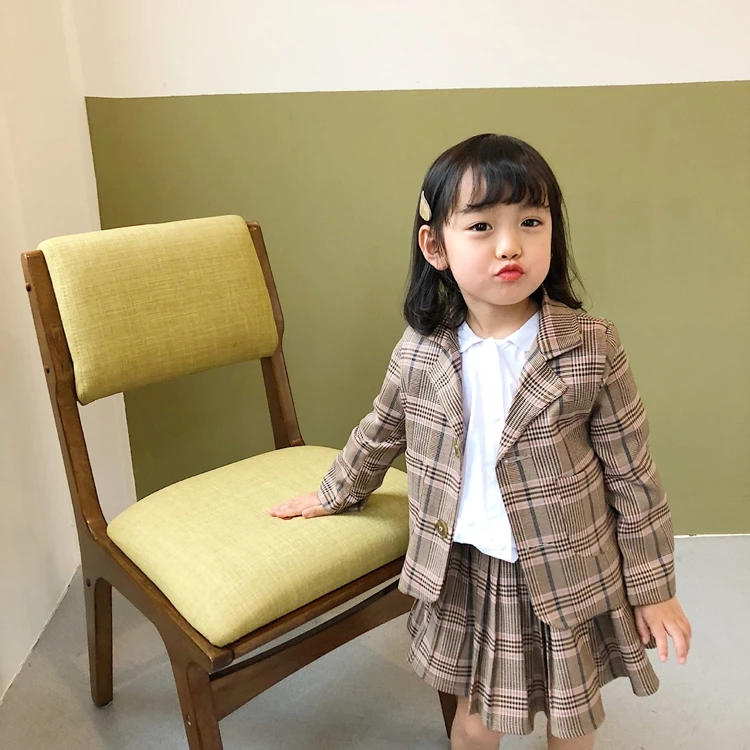 

Academic single breasted plaid suit coat two pieces skirt kids girls clothing set, Customized