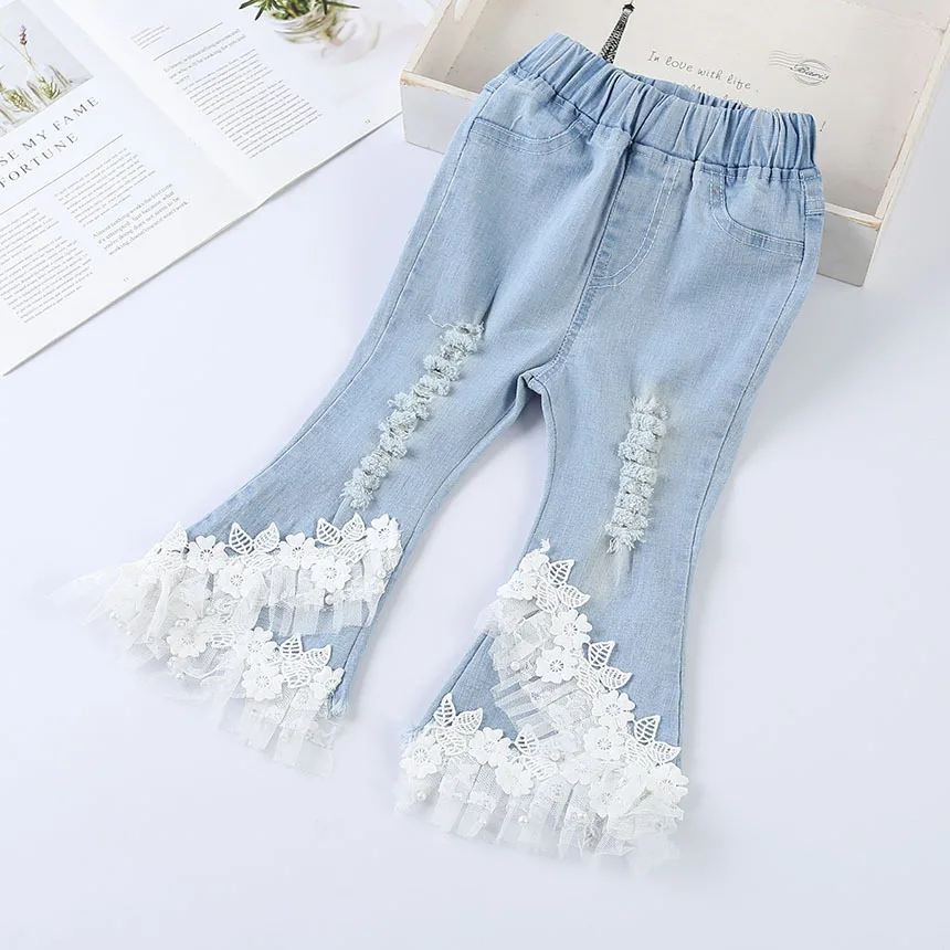 

Fashion Kids Girl Distressed Denim Pants Toddler Girl Lace Bead Flower Patchwork Jeans Children Girl Long Pants Hipoie Jeans, Blue