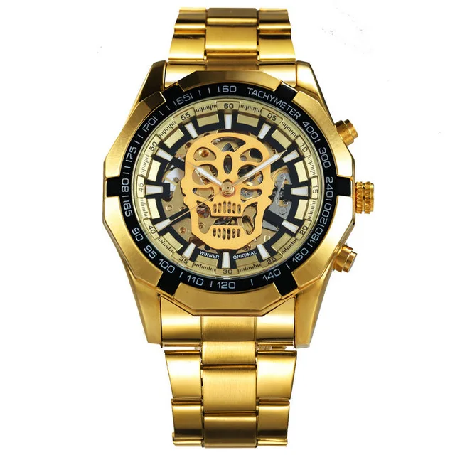 

WINNER New Fashion Mechanical Watch Men Skull Design Top Brand Luxury Golden Stainless Steel Strap Skeleton Man Auto Wrist Watch, 7 colors