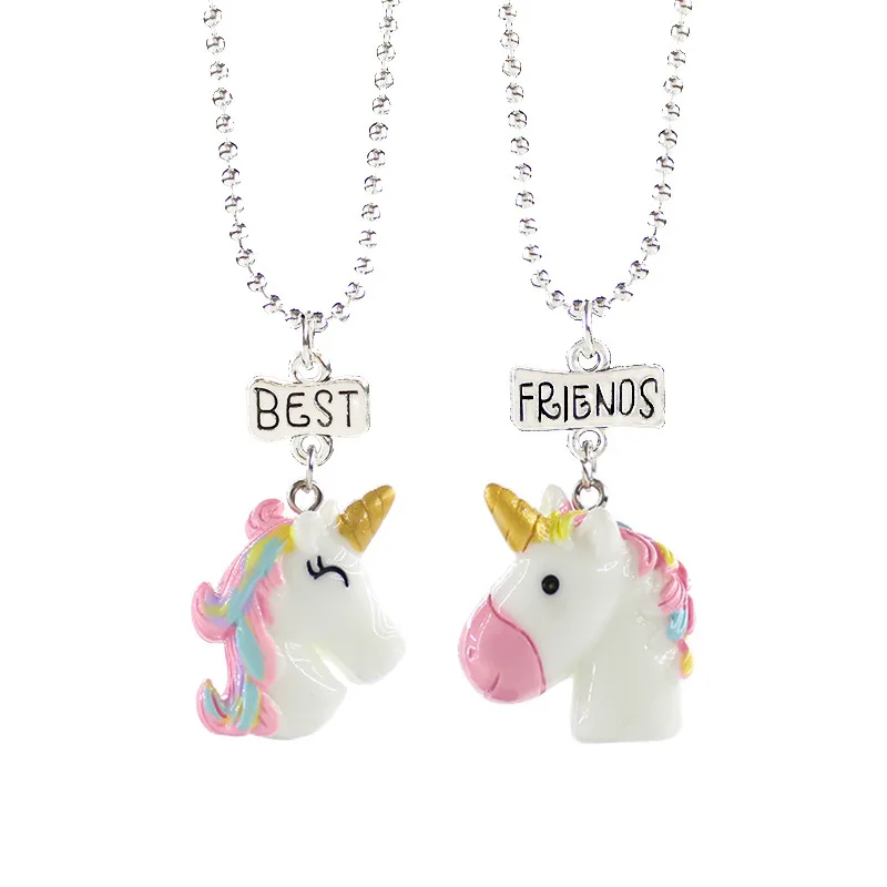 

new arrival child necklace set resin Simulation unicorn Best Friends Necklace, 3D cute child Friendship Necklace set for child/, White+pink