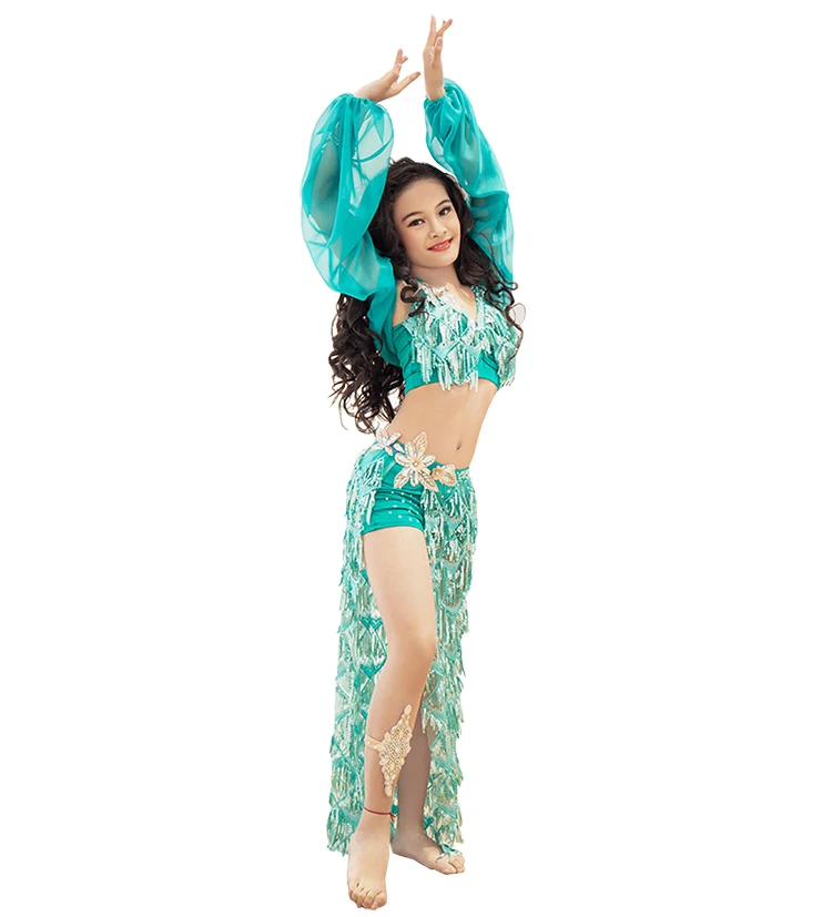 

RT353 Wuchieal 2019 New Design Sequin Cloth Belly Dance Suit for Kids, Pink;mint