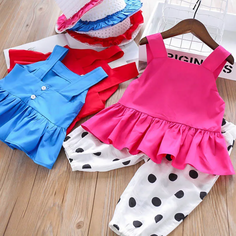 

Wholesale 2019 Girls summer blouse + pant +cap clothes suits kids clothing Set with cap