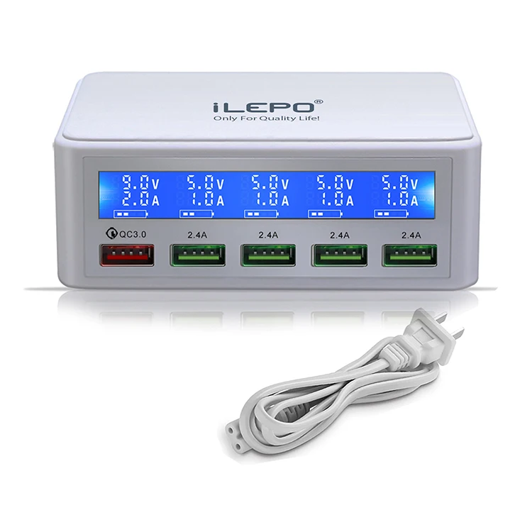 ilepo USB Charger 50W QC 3.0 USB Charger with LCD Display including 4-Port USB Chargers for iPhone iPad Tablets Cellphone, Grey