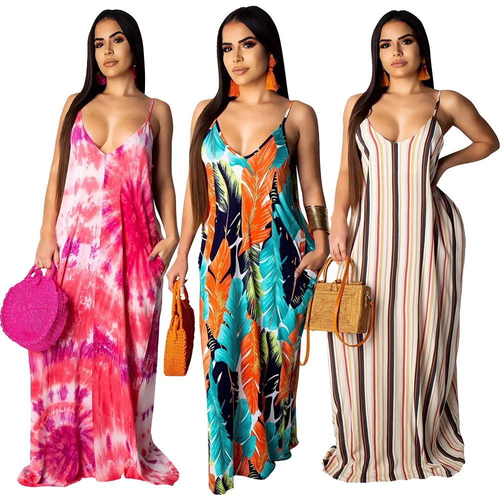 

MS-23 2019 hot selling fashion latest tie dry print colorful Spaghetti halter dress sexy V neck beach long dresses for women, 4 colors;accoring to the picture show
