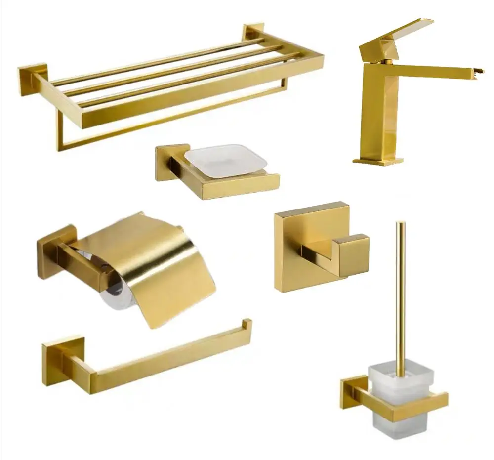 

Wall Mount Stainless Steel Gold Bathroom Accessory Set Metal For Bathroom, Brushed gold