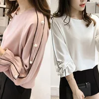 

Autumn Women Blouse Shirts 2018 Elegant Women Tops Plus Size Flare Sleeve Beading Casual Loose Shirt blusas feminina