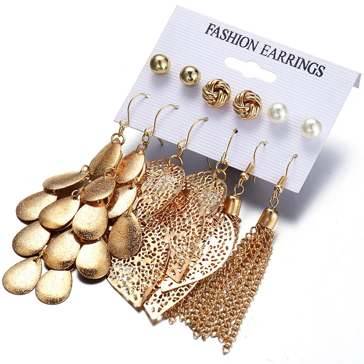 

2019 Bohemian New Design Multiple 6 Pairs/Sets Long Earring Pearl Gold Plated Hollow Leaf Tassel Stud Earring Set for Women, Picture shows